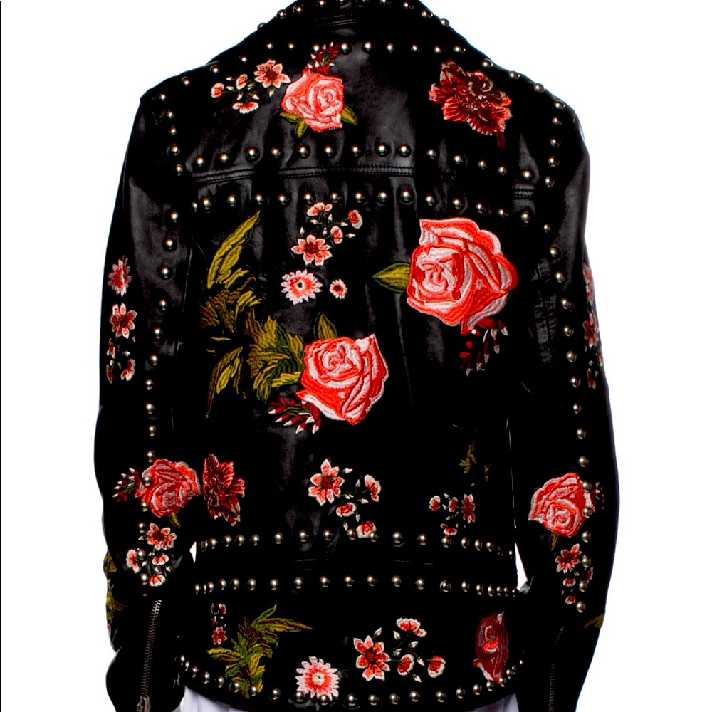 LPA Floral Studded Moto Leather Jacket Black